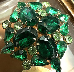 Designer Set Brooch Pin Earrings Green Rhinestone Unsigned Antique MCM