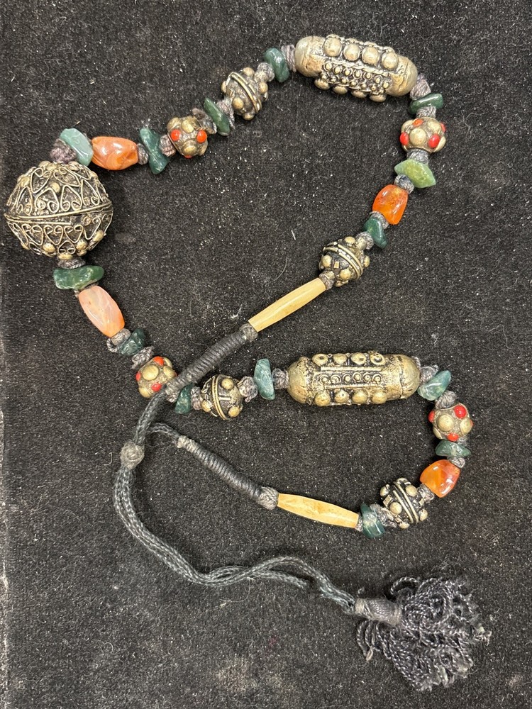Vintage Ethnic Statement Necklace – Tribal Boho Silver Tone Beads & Stone Accent