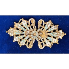 Vintage Filigree Art Noveau Belt Buckle Gold Toned Brass Enamel Detail 3.5″ x 2″