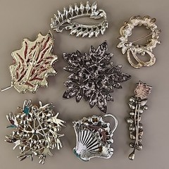 Vintage Rhinestone Brooch Lot of 7 Flower Leaf Basket Faux Pearls AB Blue Pink