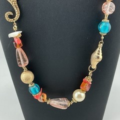 Vtg 1980s Necklace Coastal Style GoldT Seahorse Seashell Mixed Beads 1.5 Oz 22”L