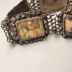 Vintage Swiss Enamel Asian Cities Bracelet – Filigree Silver Metal 7″ Antique