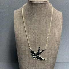 Bird In Flight Necklace 17 In Black Enamel Silver Chain Flying Retro BoHo Glam