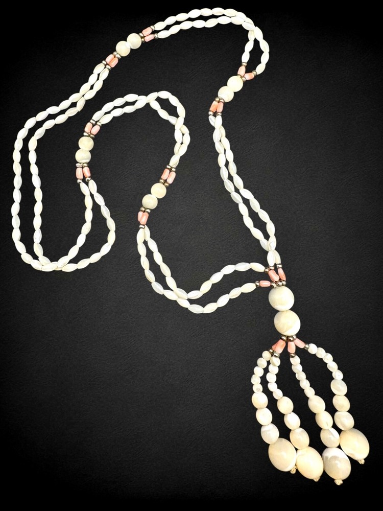 Antique Art Deco Mother of Pearl Angel Skin Coral Sautoir Necklace Fringe Tassel