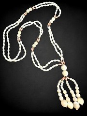 Antique Art Deco Mother of Pearl Angel Skin Coral Sautoir Necklace Fringe Tassel