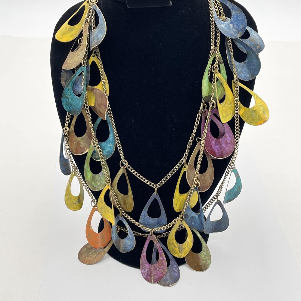 Boho Multicolor Teardrop Fringe Bib Statement Layered Necklace Gold Tone Chain