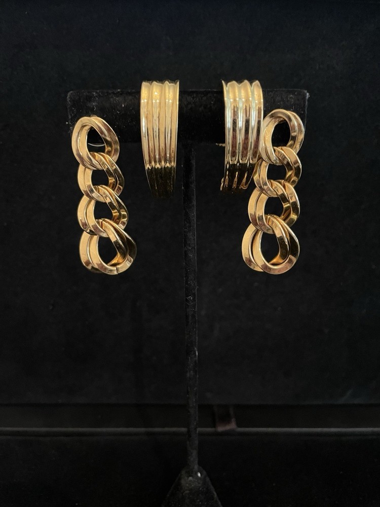 MONET EARRINGS Lot Of 2 Gold Tone PIERCED Double Link Drop + Ribbed Half Loop