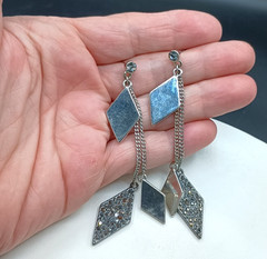 Vintage KC Dangle Stud Earrings Marcasite Kite Chain Chandelier Signed 3.5″