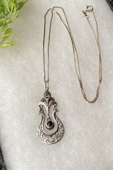 Vintage Sterling Silver Bohemian Revival Large Onyx Pendant 20” Necklace