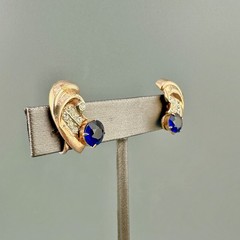 Vintage Sterling Rhinestone Earrings Blue Faux Sapphire Screw Back Mid Century