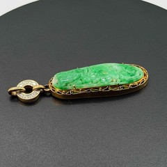 Vtg Chinese Mottled Green Jadeite Pendant w 14K Gold & Diamond Bale (AHB) 405