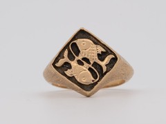 14K Gold Zodiac Sign Pisces Signet Ring Two Koi Fish Horoscope February March