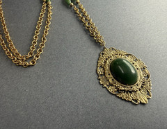Vintage Green Lucite Faux Jade Filigree Pendant Long Brass Chain Bead Necklace