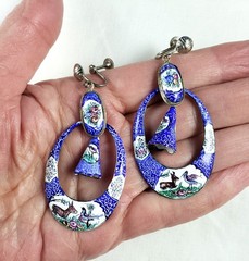 Vintage persian enamel drop dangle earrings bird deer roses 2.5″ screw back.