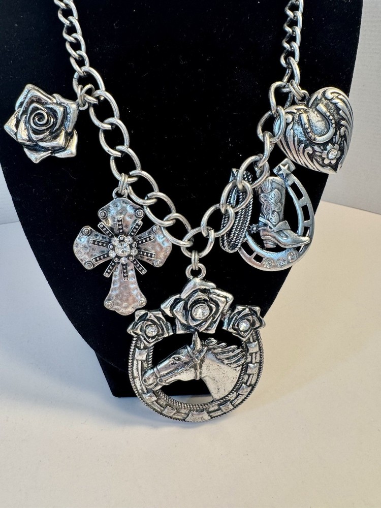 Chunky Horse Cross Rose Boot Charm Necklace Silver Tone Adjustable Length