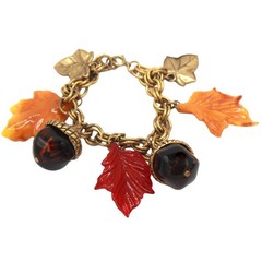Vintage JULIANA Fall Lucite Acorn Leaf Charm Bracelet Red Brown Yellow IIJJ#9109