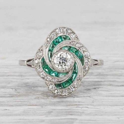 Art Deco Round Lab Created Diamond & Emerald Wedding 14Ct White Gold Finish Ring