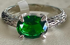 Green Faux Emerald Oval Cut Ring Textured Silver Tone Cocktail Size 9