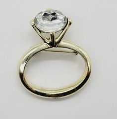Huge Engagement Ring Brooch Pin Vintage Gold Tone Rhinestone Funny