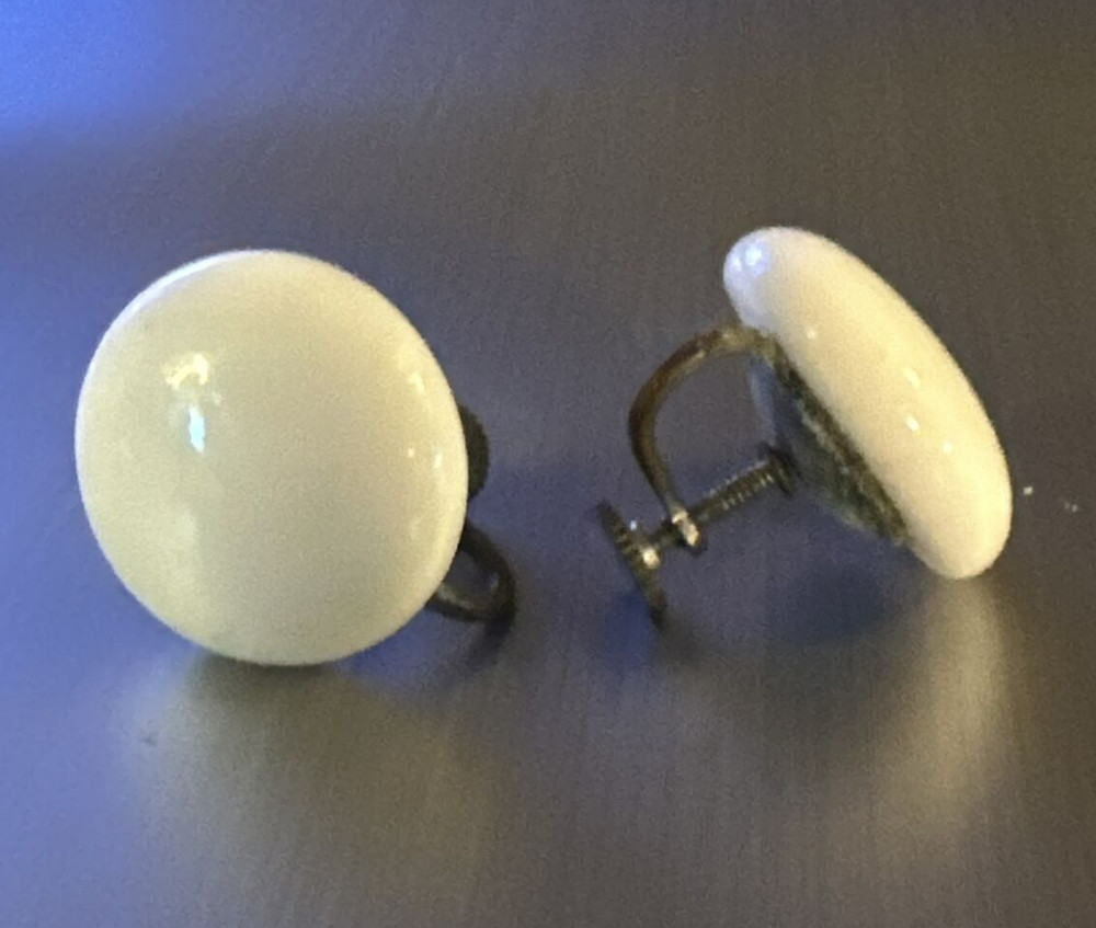 Vintage White Button Twist back Clip On Earrings marked Japan