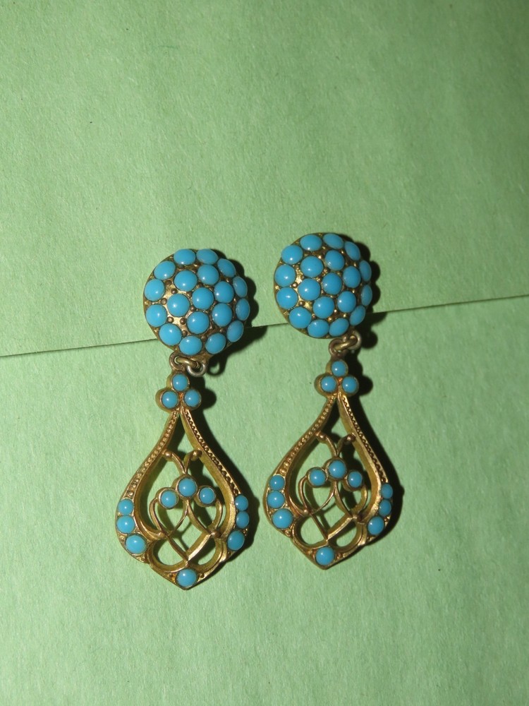 c. 1880 VICTORIAN DANGLE CLIP EARRINGS TURQUOISE GLASS CABOCHON BRASS 1.75″