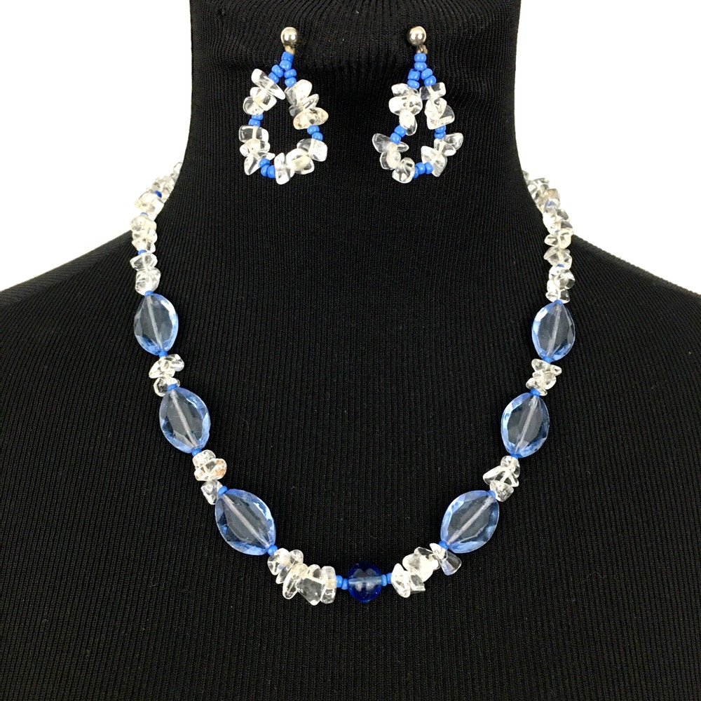 QUARTZ jewelry set – necklace & earrings -clear stone chips & blue glass beads