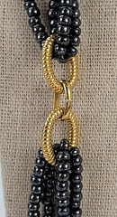 Vintage Gray Glass Bead Gold-Tone Link Beaded Necklace 36 in Fold Over Clasp
