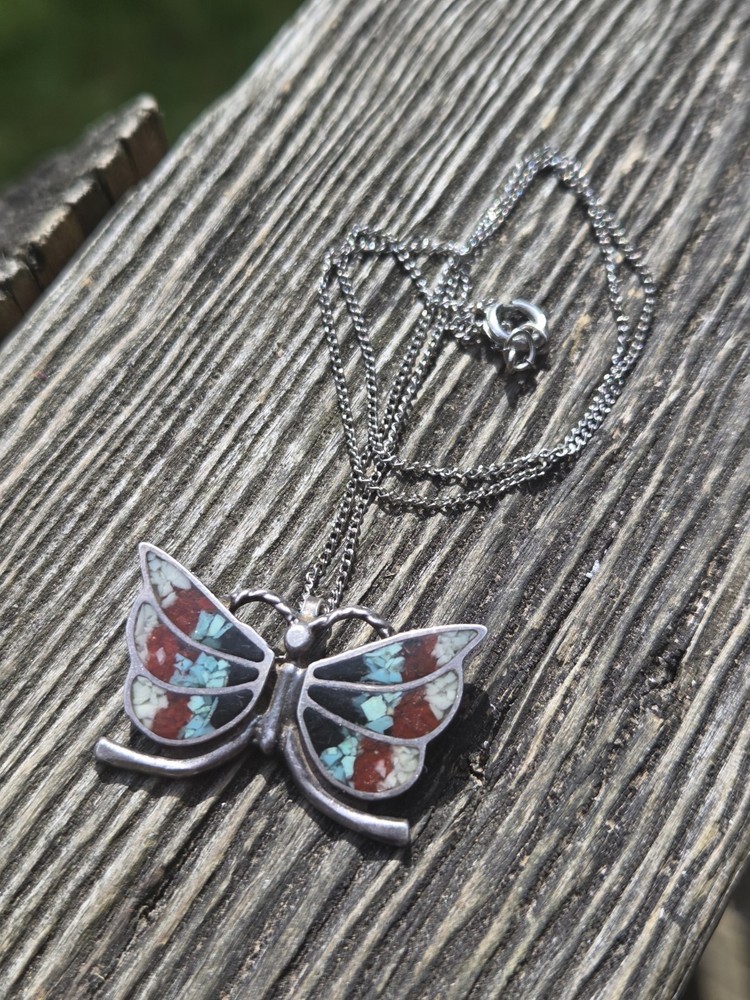 Vintage Butterfly Crushed Turquoise & Coral Necklace Silver Tone Alpaca Choker