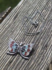 Vintage Butterfly Crushed Turquoise & Coral Necklace Silver Tone Alpaca Choker