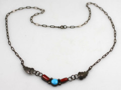 Sterling Silver Turquoise Coral Necklace by Navajo Artist Larry Moses Yazzie LMY
