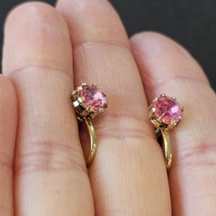 Vintage 60s Pink Topaz Rhinestone Huggies Gold Tone Earrings Screwback