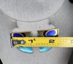Vintage Earrings Signed Samuel Huang Pierced Blue And Gold Tone Peacock Blue