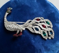 Vintage Art Deco Pave Rhinestone Peacock Brooch Rhodium Plated