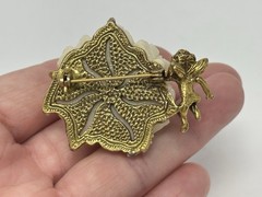 Vintage Cherub Angel Carved Rose Pin Brooch Gold Tone Cream Celluloid