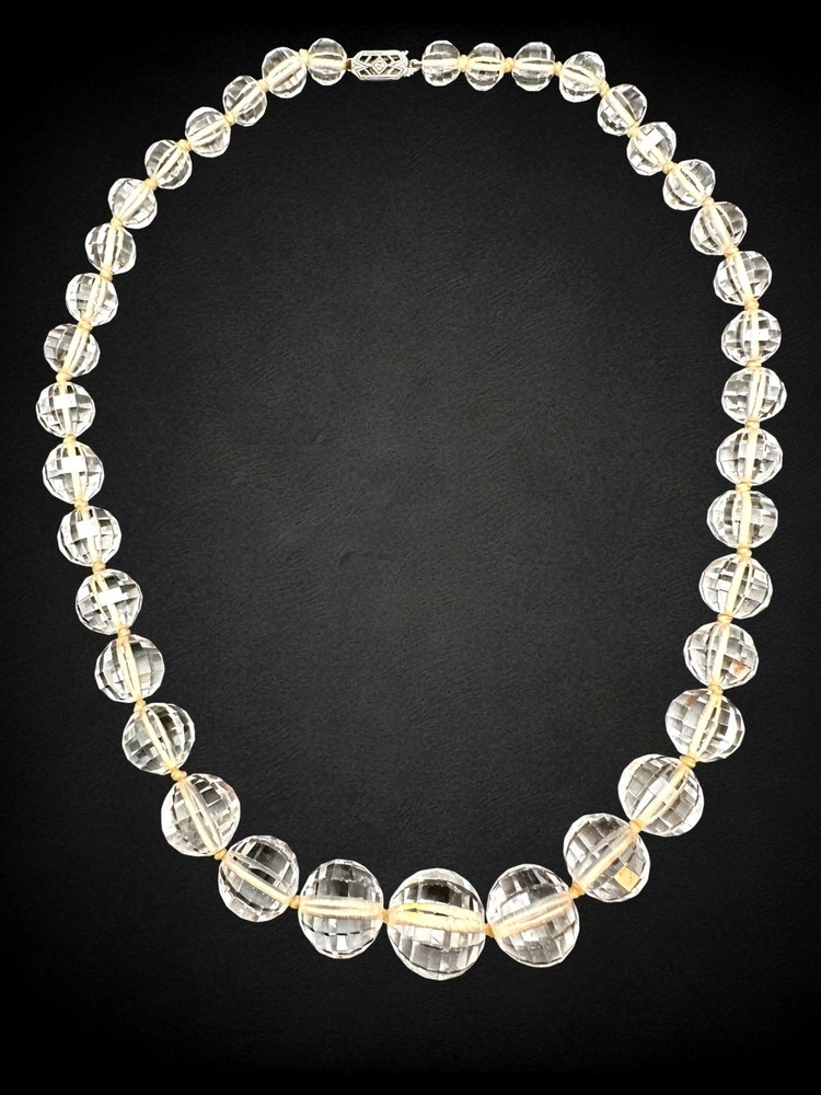 Antique Tested Cut Rock Crystal 14k GE Clasp Faceted Graduated Bead Necklace 19″