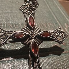 Vintage 925 Silver, Marcasite and Garnet Cross Pendant Necklace