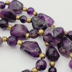 Vintage Amethyst Beaded Necklace Purple 24″ Brass Spacer Beads Natural Nuggets