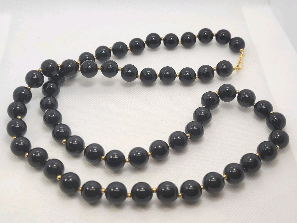Vintage Black And Gold Plastic Beaded Necklace 30in.