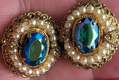 West German Filigree Blue AB Rhinestone Faux Pearl Clip On Earrings READ
