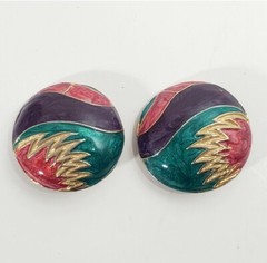 Vintage 1980s Pearlescent Enamel BROOCH EARRING Gold Tone Purple Fushia Teal