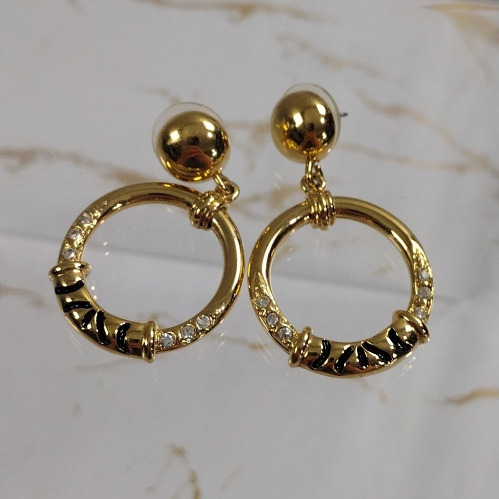 Vintage Jackie Collins Earrings Dangle Hoop Rhinestones Black Enamel Pierced