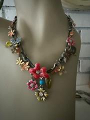 ESTATE LEATHER CORD MULTI COLOR ENAMEL FLOWERS CHARM NECKLACE SILVER TONE SIGNED