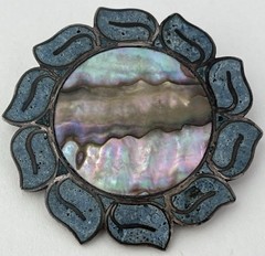 Early Vintage Taxco Mexico 925 Sterling Silver Abalone Inlay Brooch Pendant FO