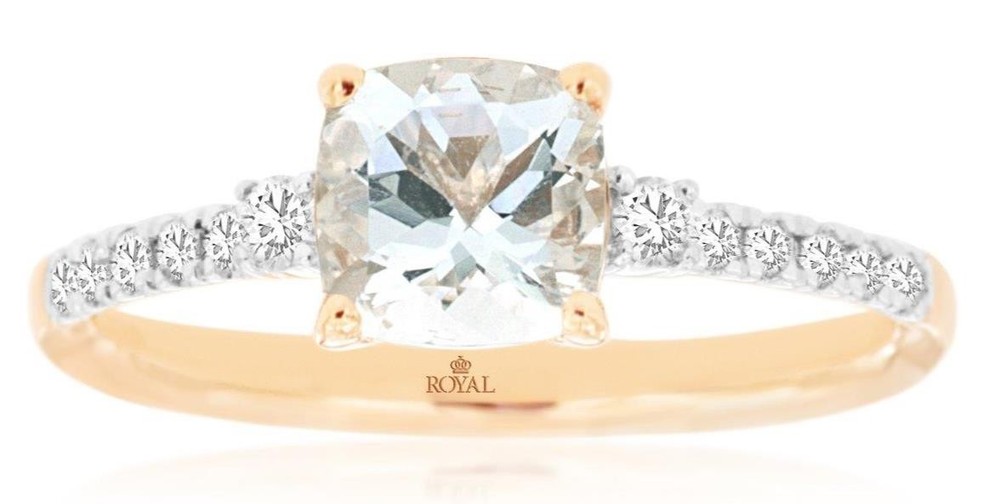 .99CT DIAMOND & AAA AQUAMARINE 14KT ROSE GOLD 3D CUSHION & ROUND ENGAGEMENT RING