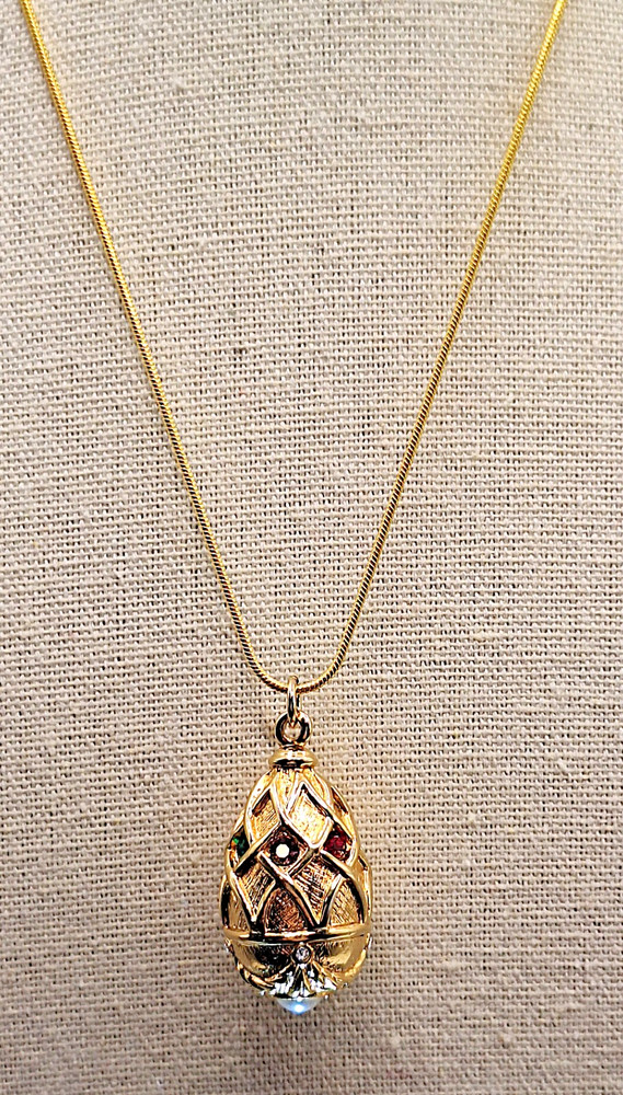 Vtg Large Joan Rivers Multicolor Crystal Faberge Egg Pearl Base Pendant Necklace