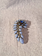 Vtg DeLizza-Elster-Juliana Blue & Cream Milk Glass & AB Stones Cabochon Brooches