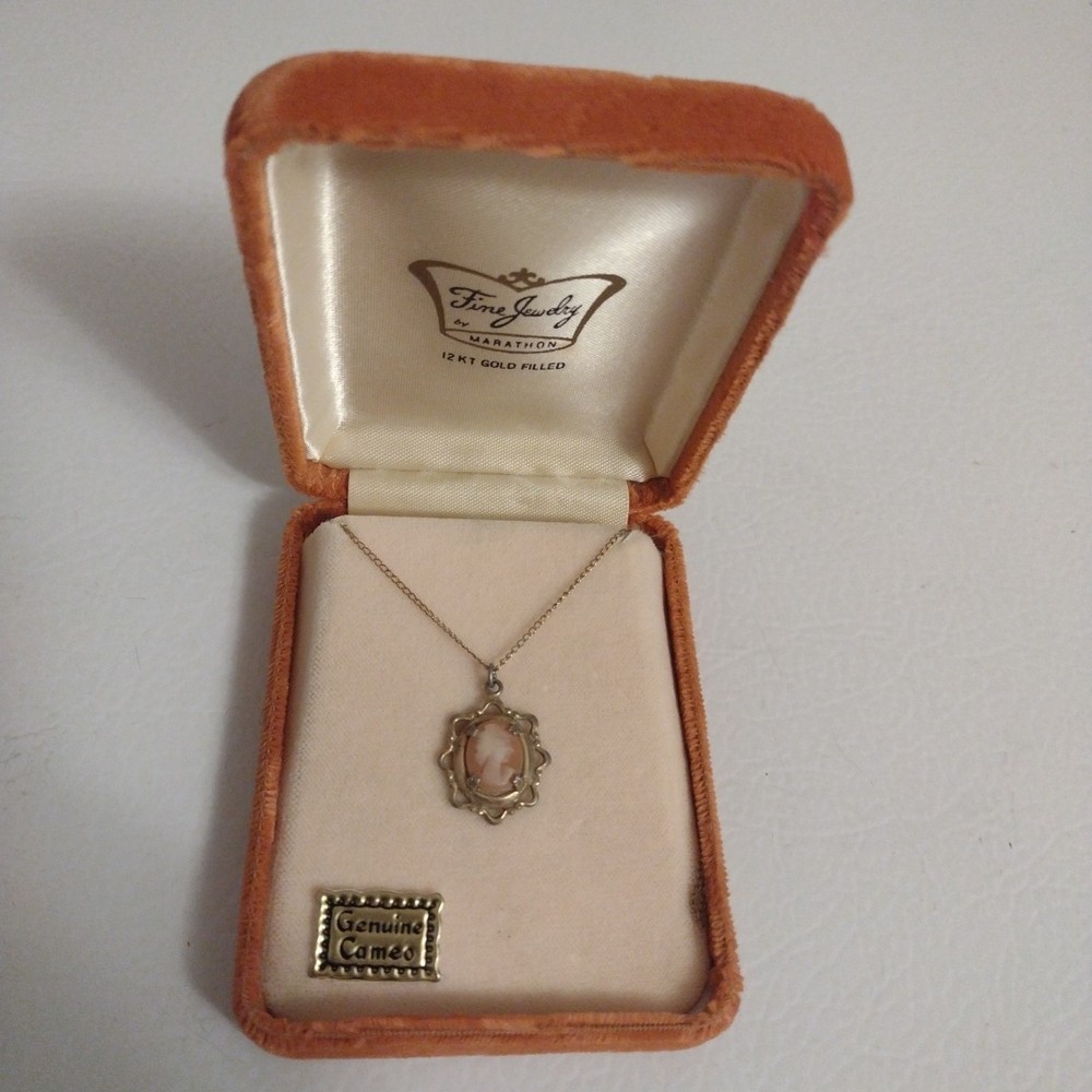 Vintage 1960s Marathon Genuine Cameo 12k Gf Gold Filled Necklace In Original Box