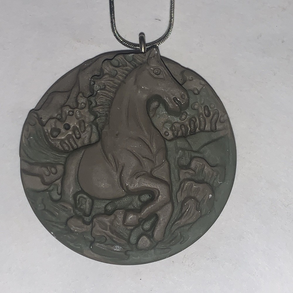 Carved Horse Cameo 16” Necklace Pendant stone Oval Nature Theme handmade