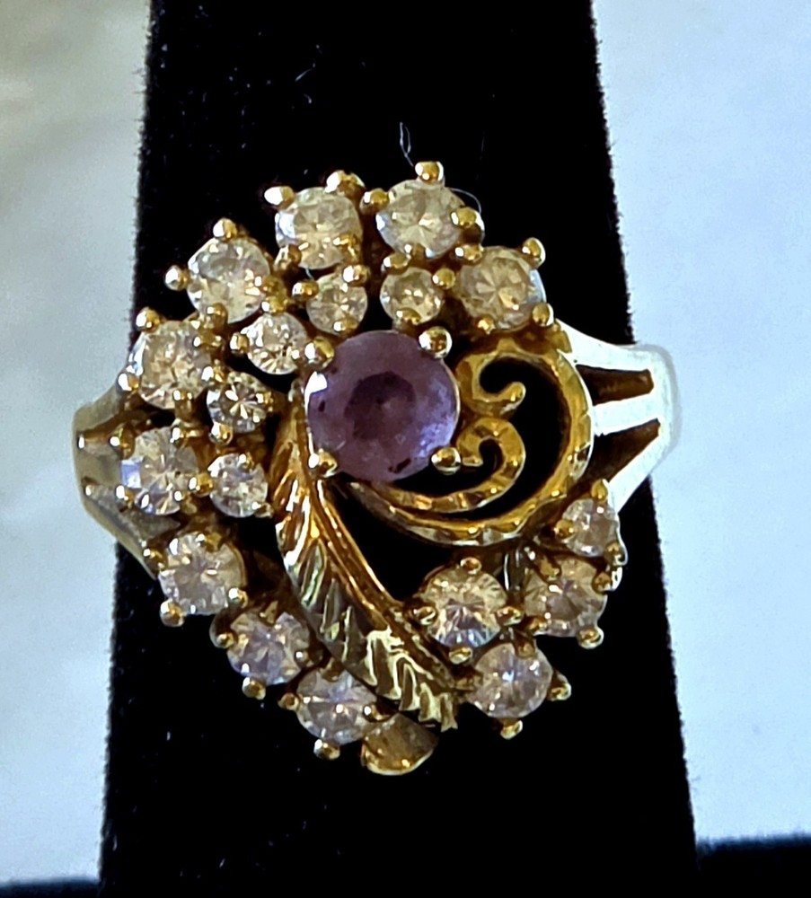 Vintage 14K HGE Amethyst Bling Cocktail Ring Size 7 Signed LIND