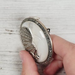 SIGNED VINTAGE BIG CRESCENT MOON MOP MARCASITE STERLING SILVER 925 PENDANT PIN